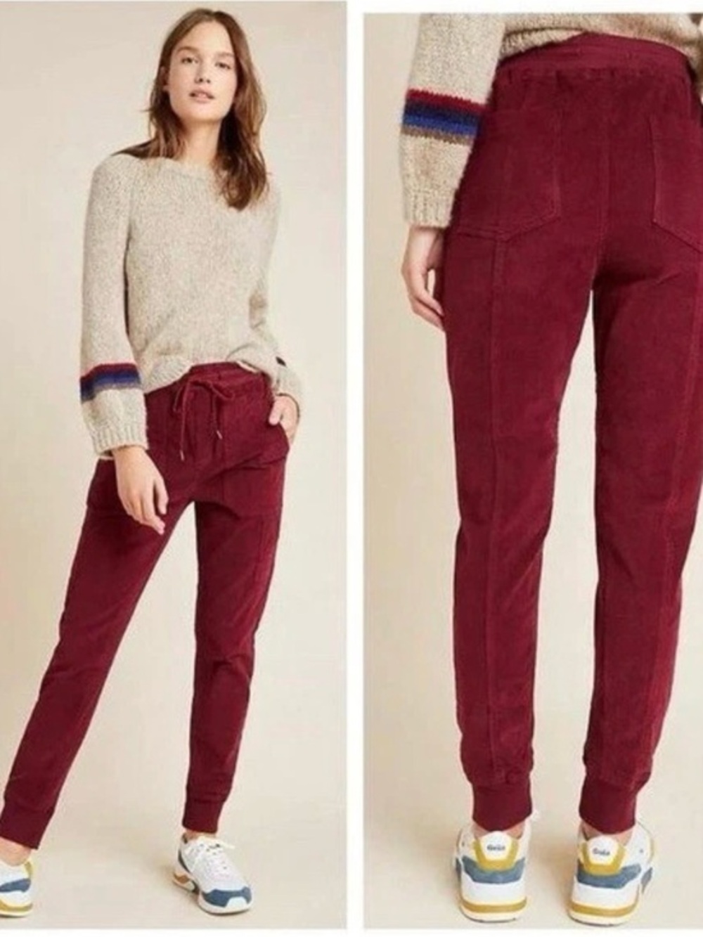 Anthropologie Leigh Corduroy Joggers pull on drawstring wine maroon pants fall S